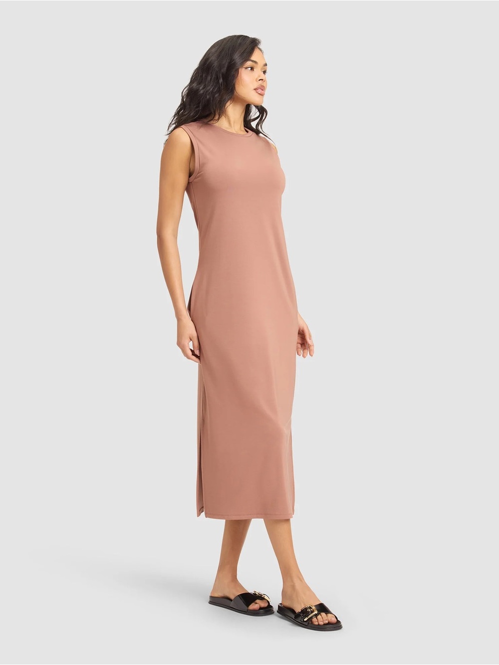 Cozy Earth Brushed Bamboo Sleeveless Midi Dress in Dusty Rose